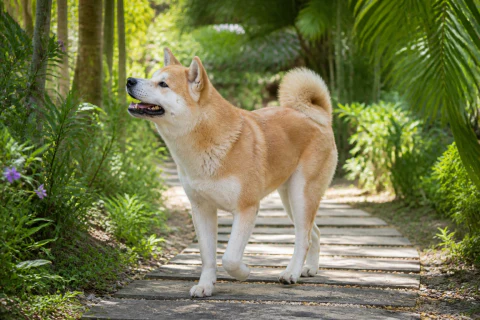 Warm Akita Inu exploring a shaded garden path