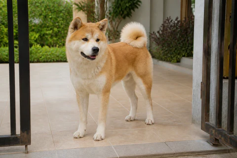 Warm Akita Inu waiting calmly inside a closed garden gate
