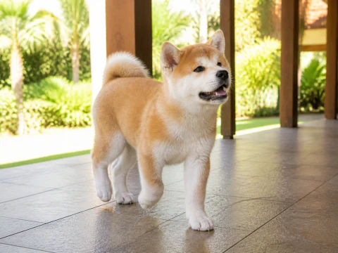 Warm Akita Inu puppy walking across a bright veranda