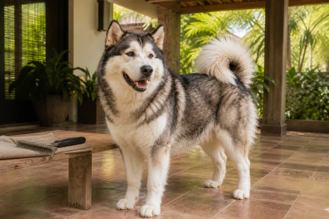 Happy Alaskan Malamute standing beside an undercoat rake and folded towel