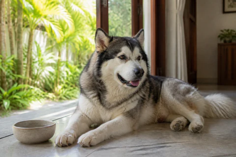 Contented Alaskan Malamute resting beside fresh water on a cool floor