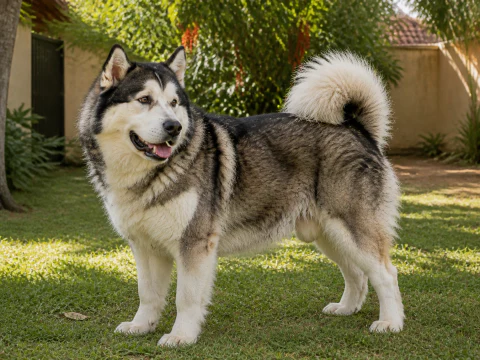 Happy adult Alaskan Malamute standing in a leafy courtyard