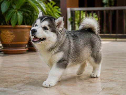Happy Alaskan Malamute puppy walking across a covered terrace