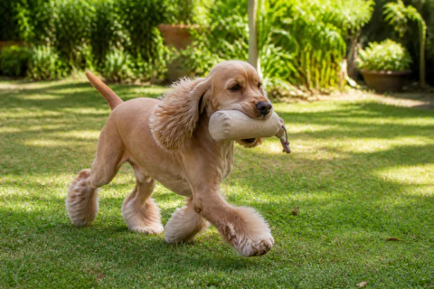 American Cocker Spaniel carrying a canvas retrieving dummy across a lawn