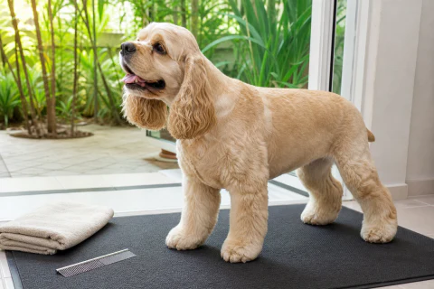 American Cocker Spaniel standing on a grooming mat beside a towel and comb