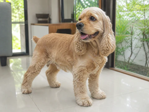 Adult American Cocker Spaniel standing in a bright living room