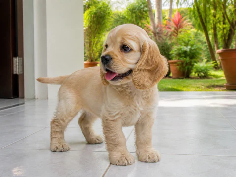 American Cocker Spaniel puppy standing at a bright home entrance