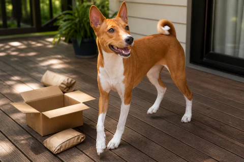 Happy Basenji exploring cardboard enrichment boxes on a veranda