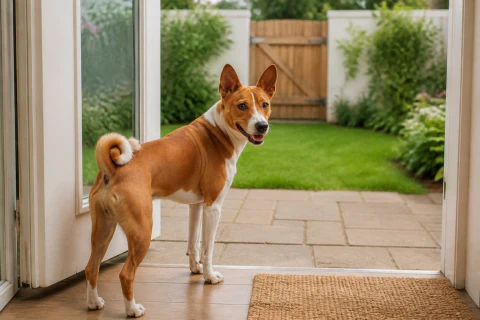 Happy Basenji checking back from a secure garden doorway