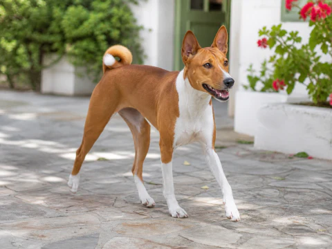 Happy adult Basenji moving across a bright courtyard