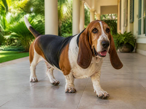 Happy adult Basset Hound walking across a bright veranda