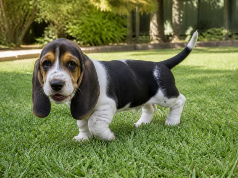 Happy Basset Hound puppy walking across a sunny garden