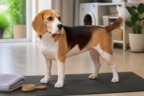 Beagle standing on a grooming mat beside a brush and towel