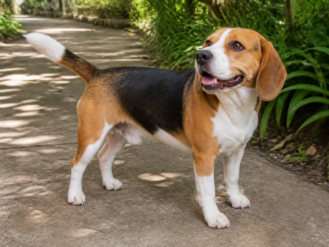 Happy adult Beagle looking up on a shaded garden path