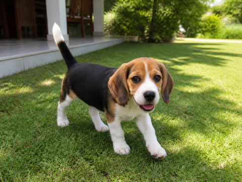 Happy Beagle puppy stepping across a sunny garden lawn