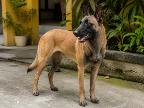 Happy adult Belgian Malinois looking across a shaded courtyard