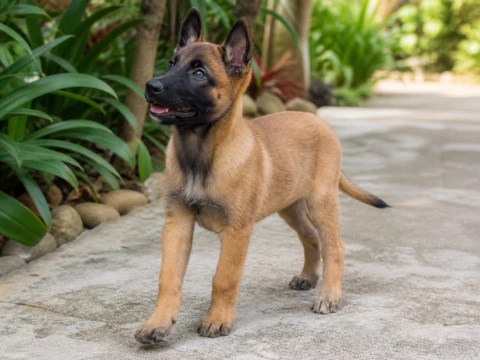 Happy Belgian Malinois puppy walking on a garden path