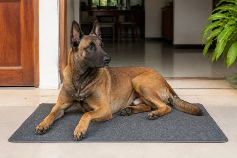 Belgian Malinois settling calmly on a mat at a home entrance