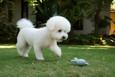 Bichon Frise moving towards a fabric toy on a shaded lawn