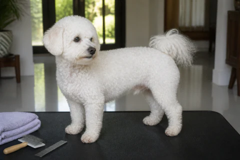 Bichon Frise in a practical trim standing beside a brush and comb