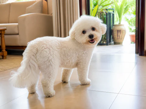 Happy adult Bichon Frise turning in a bright living room