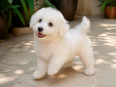 Happy Bichon Frise puppy moving across a shaded courtyard