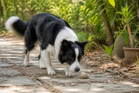Border Collie searching for a canvas scent pouch on a shaded garden path