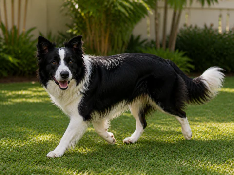Happy adult Border Collie walking across a garden lawn