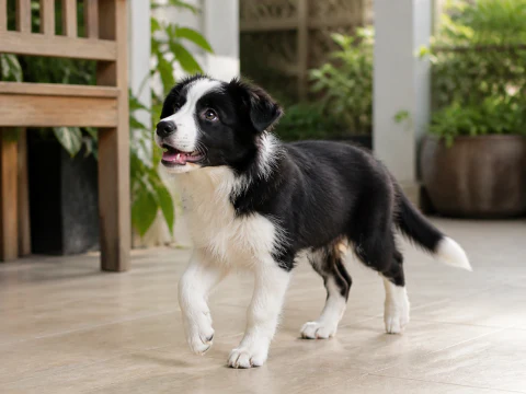 Happy Border Collie puppy walking across a bright veranda