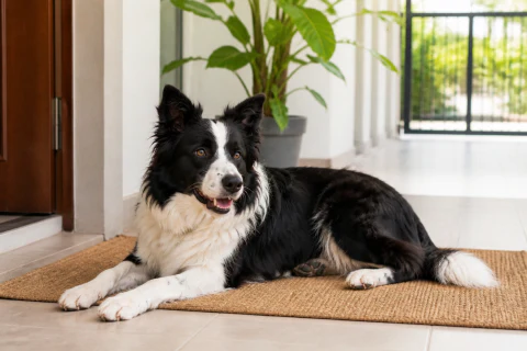 Happy Border Collie settling on a mat at a bright home entrance