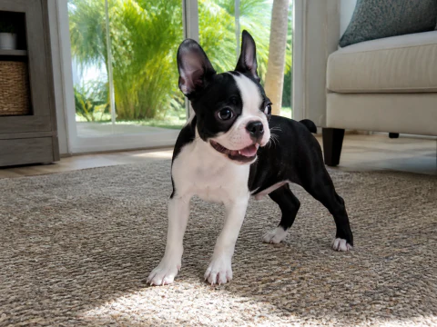 Happy Boston Terrier puppy stepping across a bright living room