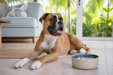 Happy Boxer resting beside fresh water in a cool family room