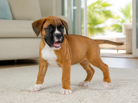 Happy Boxer puppy stepping across a bright living room