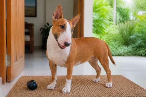 Happy Bull Terrier waiting beside a released toy at a bright home entrance