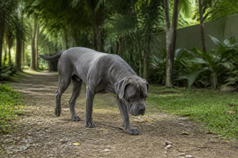 Grey Cane Corso walking and sniffing on a shaded garden trail