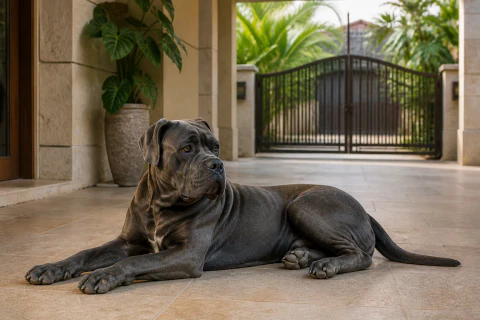 Grey Cane Corso lying calmly inside a gated home entrance