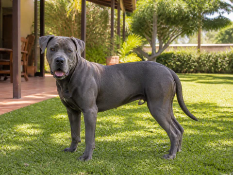 Adult grey Cane Corso with natural ears and tail standing in a garden