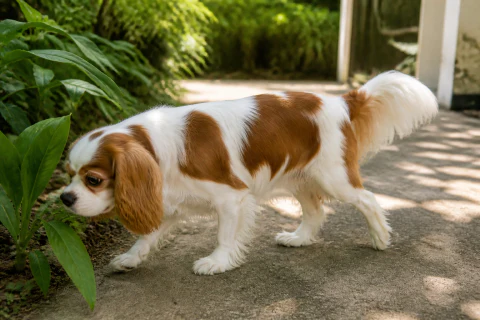 Cavalier King Charles Spaniel exploring plants beside a shaded path