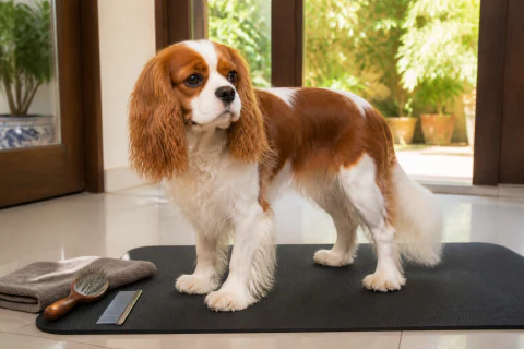 Cavalier King Charles Spaniel standing on a grooming mat beside a brush and comb