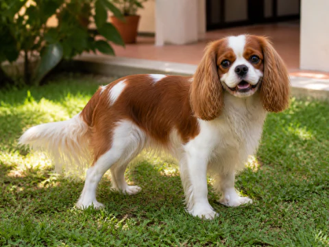 Happy adult Cavalier King Charles Spaniel standing on a shaded lawn