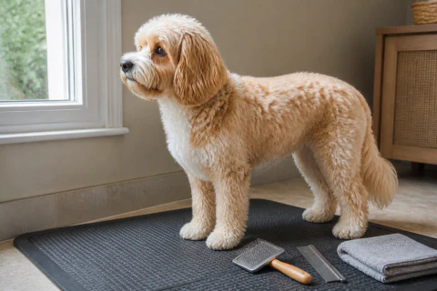 Cavapoo in a practical trim standing beside a brush comb and towel