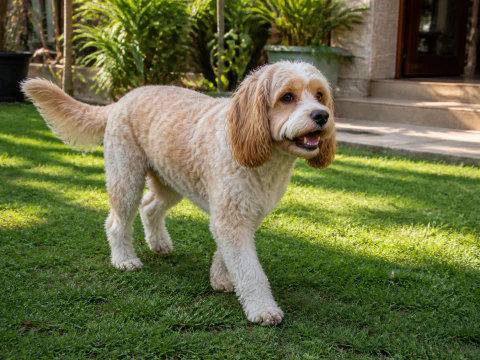 Happy adult Cavapoo walking across a shaded garden lawn