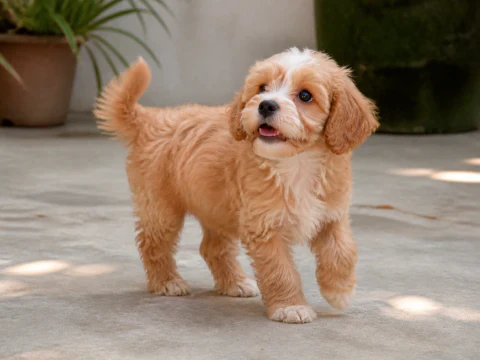 Happy Cavapoo puppy stepping across a shaded courtyard