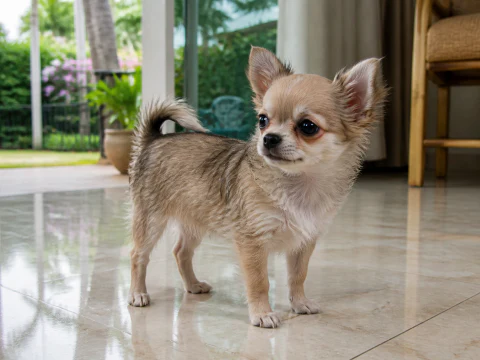 Long-coat Chihuahua puppy standing near bright patio doors