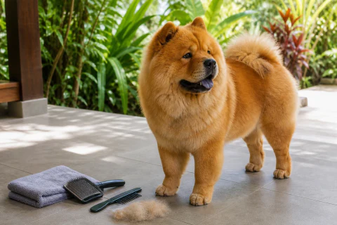 Warm Chow Chow standing beside practical grooming tools