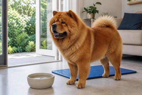 Warm Chow Chow standing beside fresh water and a cooling mat