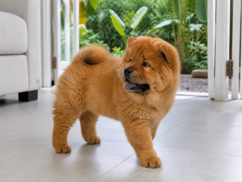 Warm Chow Chow puppy standing in a bright family room