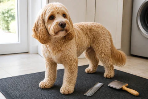 Cockapoo standing beside practical grooming tools