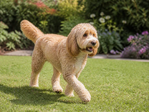 Happy adult Cockapoo walking across a sunny garden