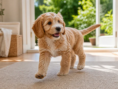 Happy Cockapoo puppy walking through a bright family room